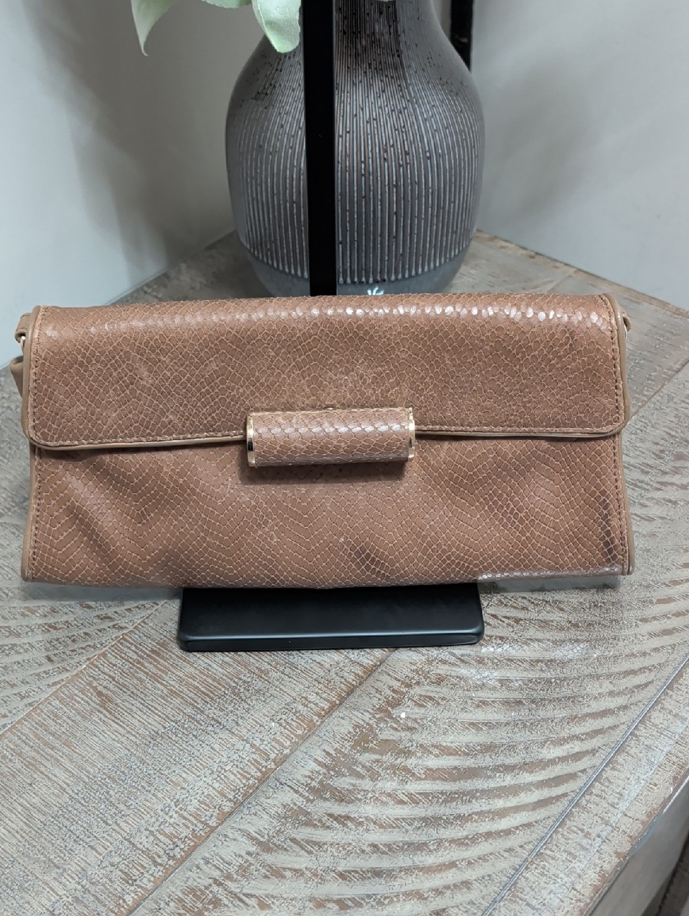 Brown Textured Women's Clutch Bag
